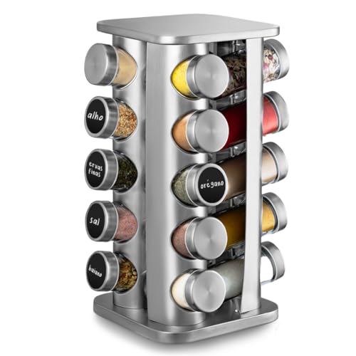 Porta Temperos Giratório 360°, com 20 Potes de Vidro e Aço Inox, Suporte Organizador de Condimentos, Prata