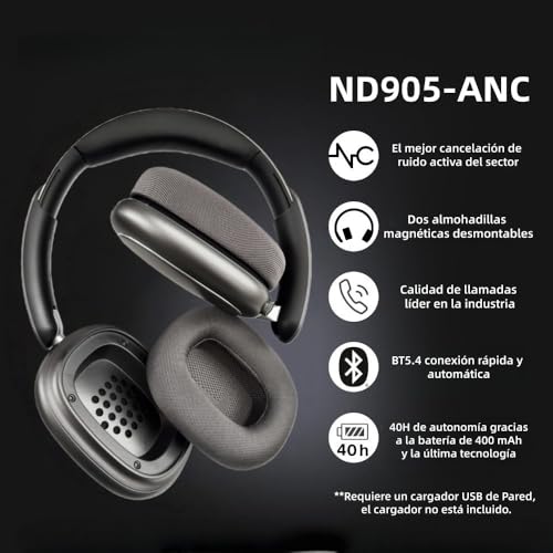 TEISCHE ND905-ANC Wireless Headphones with Bluetooth 5.4 Headband, Active Noise Cancellation (3 Modes), 3 Equalizers, 40H Autonomy, Magnetic Pads and Dual Connection (Black)