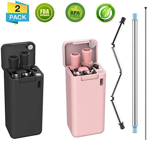 2-Pack Collapsible Reusable Straw, Composed of Stainless Steel and Food-grade Silicone, Portable Set with Hard Case Holder and Cleaning Brush, For Party, Travel, Household, Outdoor, etc (Black & Pink)