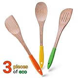 Timmy Cook Wooden Spoons For Cooking - Healthy Cooking Natural Bamboo Utensils - Premium Nonstick Spatula Set - Durable Bamboo Utensil Set - Best Serving Utensils With Ergonomic Silicone Handles