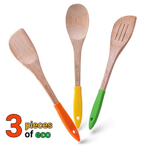 Timmy Cook Wooden Spoons For Cooking - Healthy Cooking Natural Bamboo Utensils - Premium Nonstick Spatula Set - Durable Bamboo Utensil Set - Best Serving Utensils With Ergonomic Silicone Handles