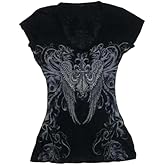 Womens Y2K Gothic Graphic V-Neck Slim Fit T-Shirt Grunge Vintage Short Sleeve Trendy Crop Tops