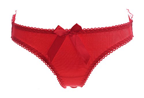 Snknh Thongs,knickers,Sexy underwear female bow perspective bundle briefs open butt hollow satin pants fun pants, red