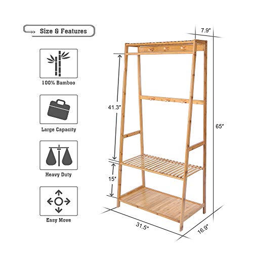 Ufine Bamboo Clothes Rack Heavy Duty Garment Rack Coat Hanging Stand with 6 Hooks, 3 Tier