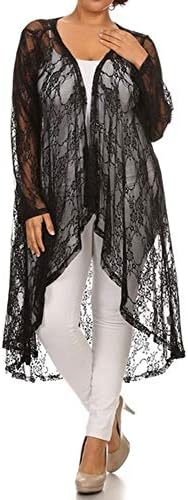 646 - Sheer Lace Long Sleeve Open Front Long Body Asymmetric Hem Hi Low Cardigan