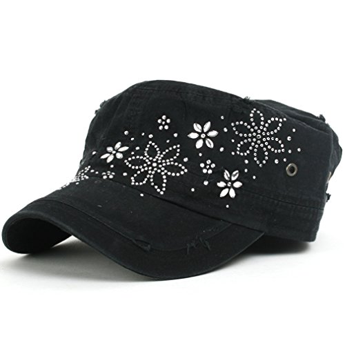 ililily Military Cotton Cadet Cap Flower Glitter Spangles Rhinestone Cadet Hat