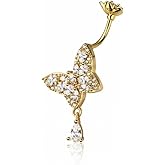 Pierced Owl 14GA 316L Stainless Steel CZ Crystal Butterfly with Dangling Teardrop Belly Button Ring