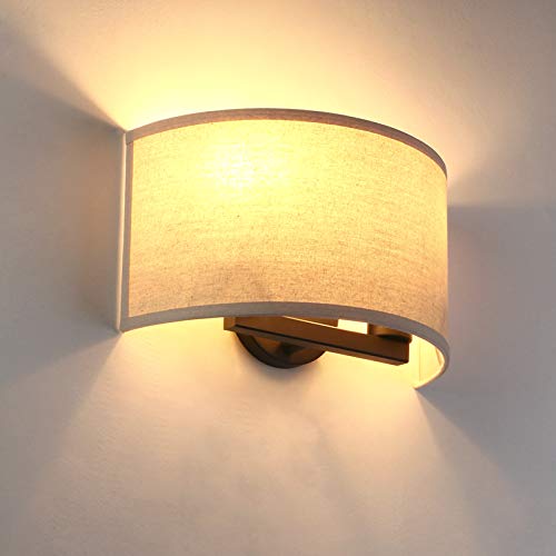 PERMO Indoor Bedside Hidden Night Wall Lamp Single 2-Lights Vintage Industrial Fixture with Semicircular Fabric Shade for Reading Bedroom Living Room Dining Room Hotel(White)