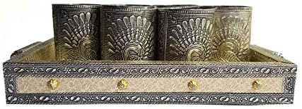 Martiza Handicrafts Handmade Rajwadi Design Traditional Serving Tray with Glass (12” x 7”, Multi, 7-Piece)