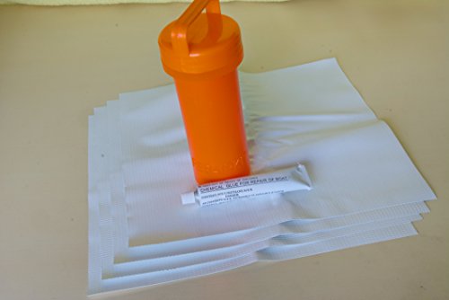 Vinyl Adhesive Party Tent Patch Repair Kit, Four 12-inch by 12-inch White Vinyl Squares with 1-Ounce Liquid Repair Glue and Portable Orange Carrying Case