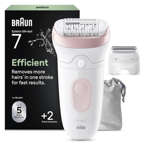 Braun Silk-épil 7 Epilierer Damen, Haarentferner für Langanhaltende Haarentfernung, Ladyshaver, Wasserdicht — Inkl. Rasieraufsatz und Einen Trimmeraufsatz — 7-030, Weiß/Flamingorosa