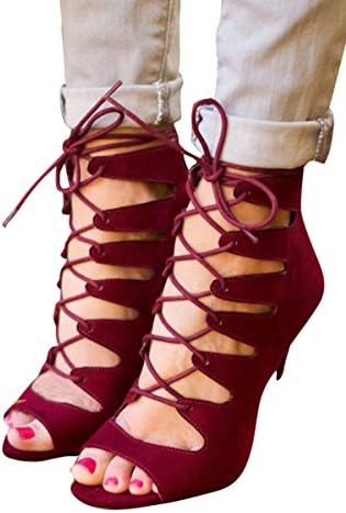 Huiyzuhi Women's Lace Up High Heel Pumps Cut Out Sandal Heel (6 B(M) US, Wine Red)