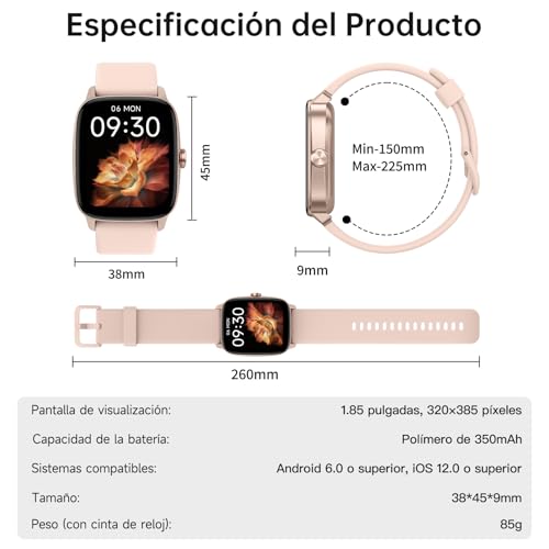 Reloj Inteligente Mujer Hombre con Llamadas Bluetooth y Voz AI, 1.85'' Smartwatch con Whatsapp Notificación, Pulsómetro/SpO2/Sueño/Podómetro, 110+ Modos Deportivos, Impermeable IP68 para iOS/Android