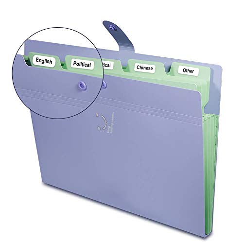 Selizo 6 Pcs Expanding File Folder with 5 Pockets Document Organizer Plastic A4 Size and 168 Pcs File Folder Labels for School Teacher and Office
