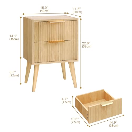 YAUKOMEL Nightstand with 2 Drawers,Fluted Bedside Table,Natural Wood Night Stand,Light Wood Side Table with Solid Wood Legs,End Table for Living Room,Bedroom,Small Space Natural CAACTG55Y