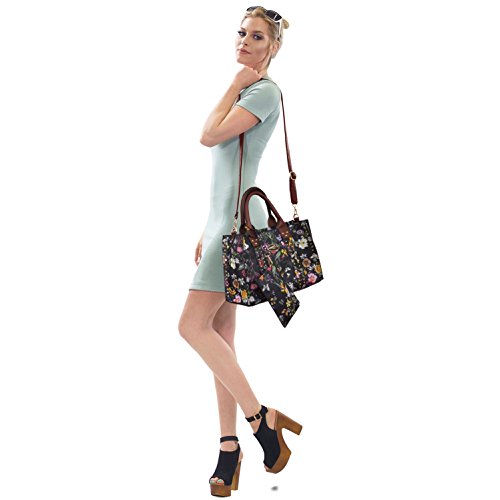 Women Handbag 3 Pieces Set Leather Shoulder Bag Satchel Purse 3 in 1 Simple Design Black Floral/Coffee