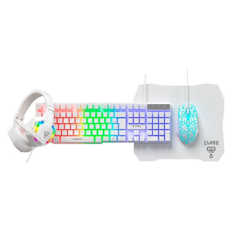 Combo GAMER 4 em 1 MTS, Nightmare Snow • Mouse 4D - 3600 Dpi • Teclado RGB LED Rainbow Anti-Ghosting • Fone e Microfone Headset 45mW Stereo • Mousepad 290x250 • Quality Premium • Setup Gamer Branco