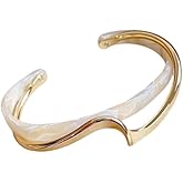 LINHTEVIE Modern Wave Design Cuff Bracelet, Gold-Tone Acrylic Bangle, 2.5 inch, C-Shaped Opening White/Pink Acrylic Bracelets Board Bend Metal Bangles