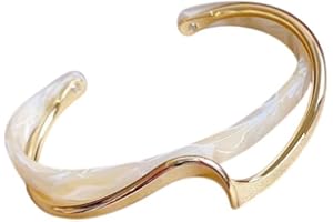 LINHTEVIE Modern Wave Design Cuff Bracelet, Gold-Tone Acrylic Bangle, 2.5 inch, C-Shaped Opening White/Pink Acrylic Bracelets Board Bend Metal Bangles