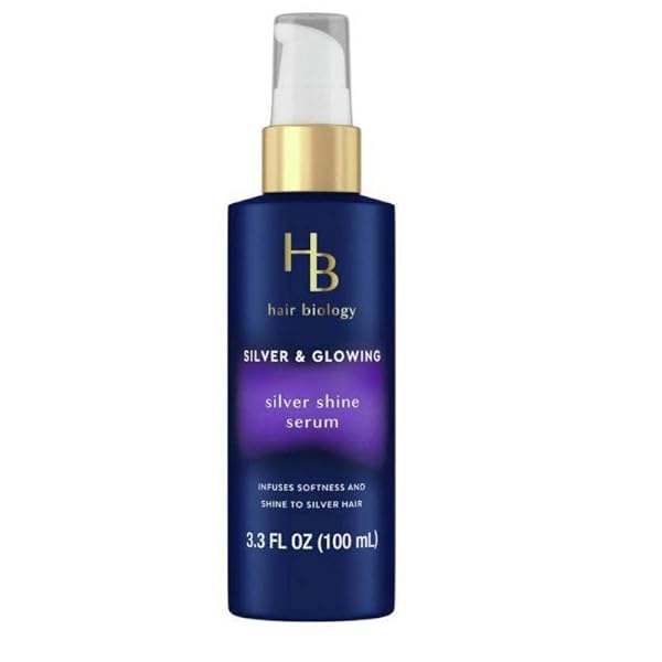 HAIR BIOLOGY SILVER SHINE SERUM, 3.3 FL OZ. BIOTIN-INFUSED MOISTURE AND SHINE FOR COLOR-TREATED GRAY HAIR. PARABEN FREE, FORMULATED WITH COCONUT SCENT, BLUE