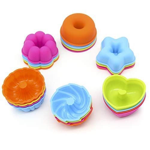 LetGoShop Silicone Molds for Muffin, Reusable Cupcake Liners Donut Pans,Non-stick Baking Cups 6 Shapes,Heart, Stars, Flower, Round, Pumpkin, Spiral 24pcs colorful
