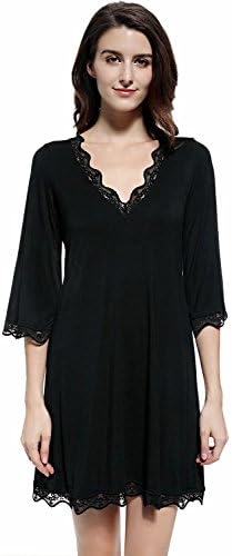 Mobisi Womens Black Cotton Nightgown Soft V Neck Lace Sleepshirt Sleepdress Short