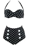 Cocoship Retro Polka Anchor Halter High Waisted Bikini buttons Vintage Swimsuit(FBA)