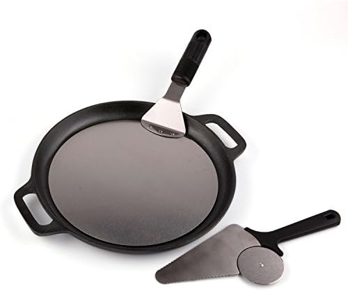 Waykea Baking Pizza Pan Set of 3, 12” Cast Iron Pan + 10” Stainless Steel Pizza Peel + Pizza Cutter