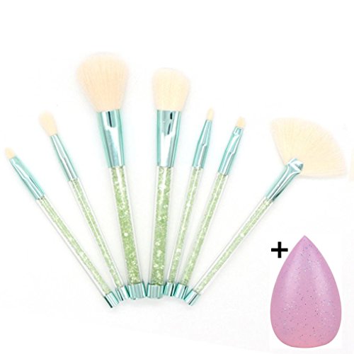 Welcomeuni 7PCS Diamond Crystals Makeup Brush Set Professional Lip Face Eyebrow Eyeliner Blush Contour Foundation Cosmetic Brushes Powder Eyeshadow Concealer Brush (Green)