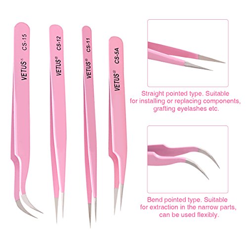 LuckyFine - 4 Pcs Tweezers Set Anti-Static Tweezers Stainless Steel Tweezers for Eyelash Extension,Electronics, Jewelry-making - Straight and Curved Tip Tweezers - Pink - Thumbnail 4