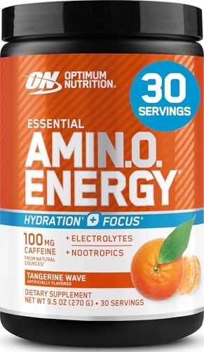 Optimum Nutrition Amino Energy Powder Plus Hydration, with BCAA, Electrolytes, and Caffeine, Tangerine Wave, 30 Servings (Packaging May Vary) | Contains BCAAs, Electrolytes, 100 mg Caffeine, 5g Amino Acids, Zero Sugar, Supports Hydration, Banned Substance Tested
