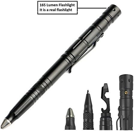 Tactical Pen for Self Defense Weapon Military &amp; Police Grade Survival Tools – Bright 165 lumen Flashlight + Glass Breaker + Ballpoint Pen + Multi Tool - 2 Ink Cartridges &amp; Battery (Gray)
