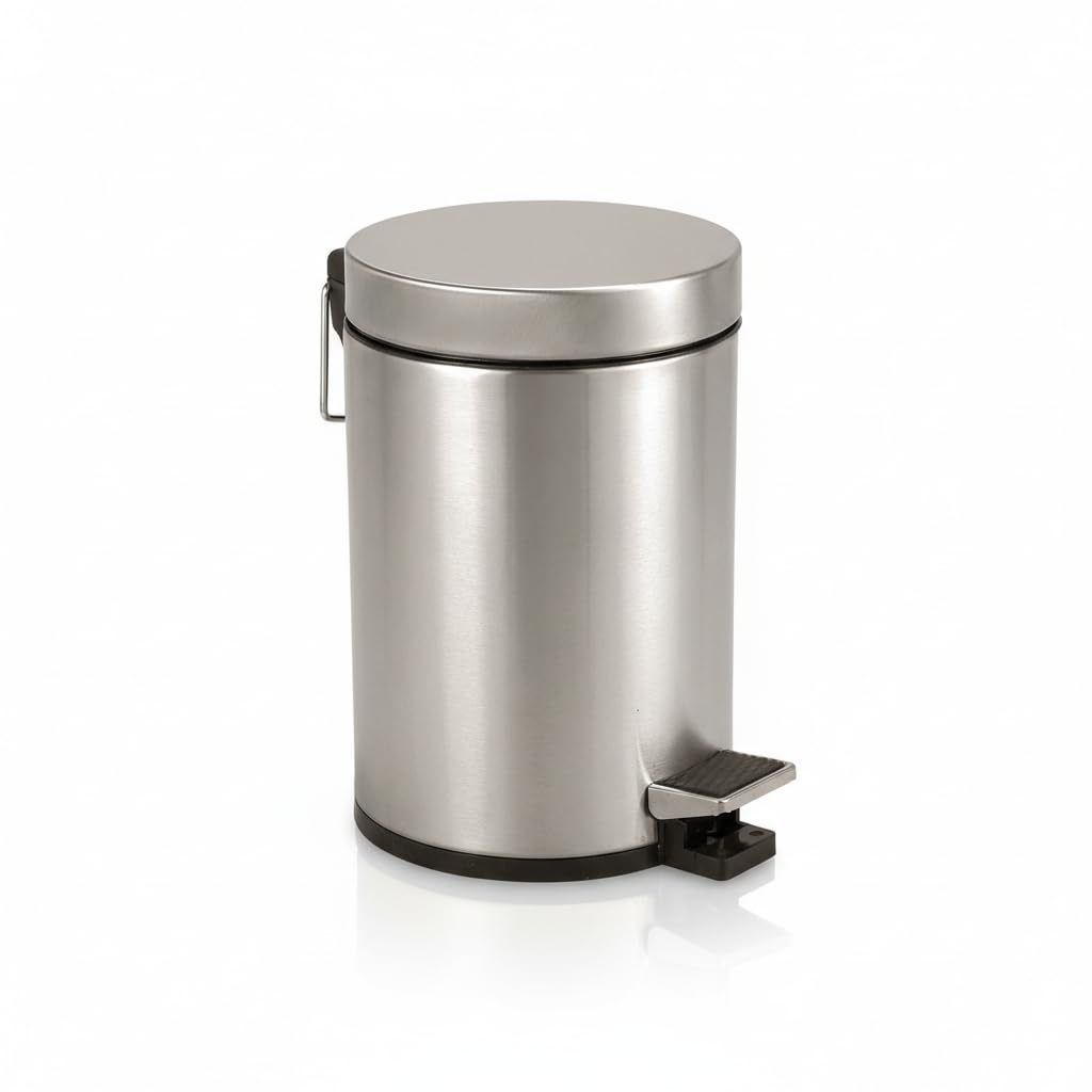 Axentia Stainless Steel Matte Brushed & Rustproof Pedal Bin - 3L Cosmetic Rubbish Bin with Lid for Bathroom & Toilet, Silver/Black, 17 x 17 x 25 cm