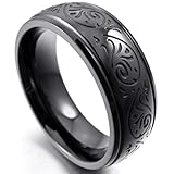 Men's 7mm Stainless Steel Ring Band Black Engraved Florentine Design Charm Elegant