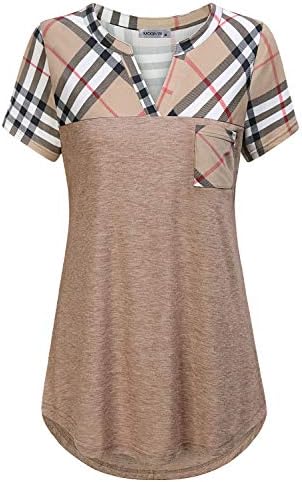 MOQIVGI Womens Short Sleeve Vneck Plaid Patchwork Hi Low Hem Tops