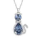 EleQueen Women's Silver-tone Pendant Necklace Cute Kitty Teardrop Cat Sapphire Color Adorned with Swarovski Crystals