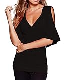 Obazidou Women's V Neck Off Shoulder Stretch Casual Blouse Tops