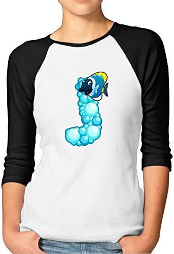 ZOENA Women's Three Quarter Sleeve T Shirts - Ocean Animal Fish Alphabet J Black XL