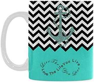 Novelty Design 11oz Turquoise Colorblock Chevron Zigzag Infinity Anchor White Ceramic Coffee Mugs Cup, Live the Life You Love, Love the Life You Live