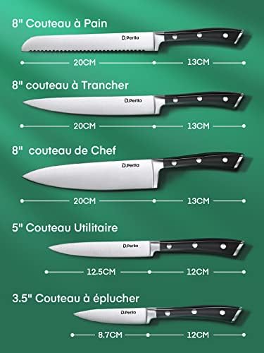 Couteaux de Cuisine, 6 Pièces Set Couteau Cuisine en Allemagne Acier Inoxydable, Ensemble de Couteaux Professionnels, Bloc de Bois, Super Aiguisé
