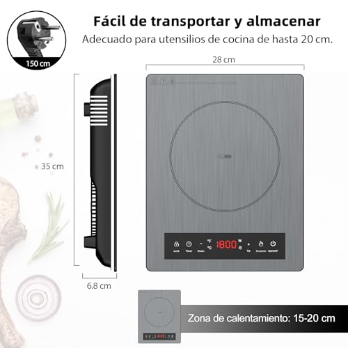 VBGK Portable Induction Hob, 1800W Portable Vitro, 10 Heating Levels, Adjustable Power and Temperature, Timer, Child Lock, Touch Controls, Easy Cleaning