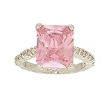 Large Emerald Cut Pink Cubic Zirconia Solitaire Ring with Tiny Side Stones