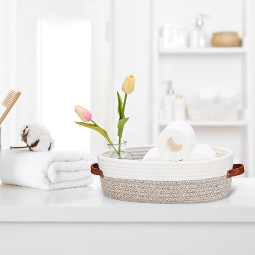 Cestas de almacenamiento para Encimera de baño, cesta de inodoro de cuerda de algodón para decoración de baño, cesta de papel higiénico, con mango de cuero,13 X 5.9 X 4 Pulgadas (2 caqui)