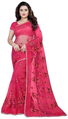 Women's Mono Net Embroidery Work Saree With Unstitched Blouse Piece