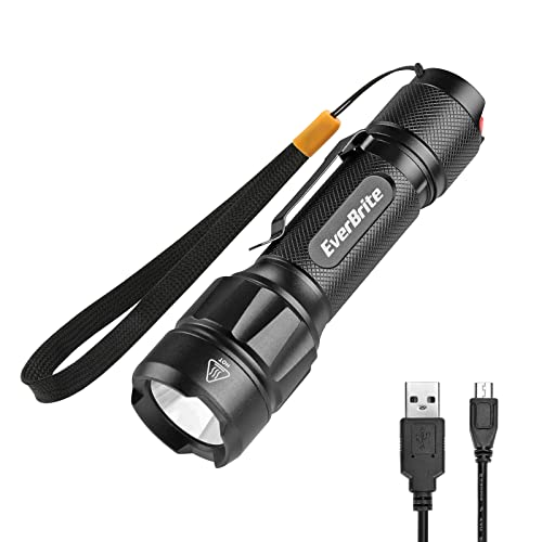 EverBrite LED Tactical Flashlight, Rechargeable Flashlight with Lanyard and Clip, 750 Lumens, IP44 Waterproof, 5 modes, Lightweight but Powerful Battery Life, for Camping Hiking, Emergency & EDC