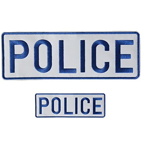 GYGYL 2 Pack Police Patch with Hook and Loop, for Police Vest Jacket Back Panel (Blue & White, 1Pcs Small and 1Pcs Large)