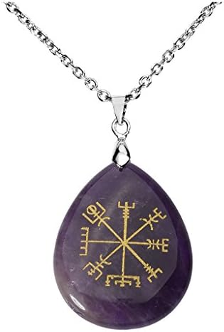 QGEM Guidepost Compass Vegvisir Pendant Necklace-Natural Gemstone Engraved Ancient Northern Europe Viking Rune with Chain 24"