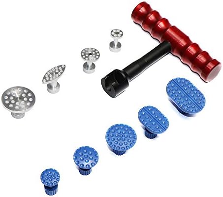 JMgist PDR Tools Dent Removal Paintless Dent Repair Tools Kit Mini Silde Hammer Red T-Bar Dent Puller Kit with 4pcs aluminum Puller Tabs 5pcs Blue Tabs