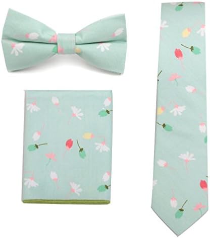 Shindek Cotton Floral Skinny Tie And Matching Color Hanky And Bowtie (light green)