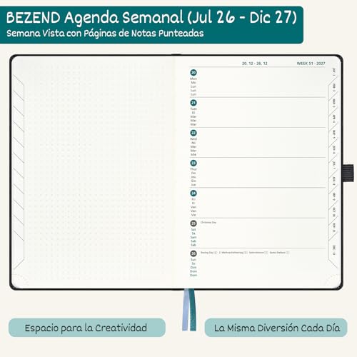 BEZEND School Diary 2026 2027 Week to View A5 15.5 x 21 cm, 18 Months from Jul.26 to Dec.27, Week to View with Dotted Page, 90 GSM Paper, Hard Cover PU Leather - Black